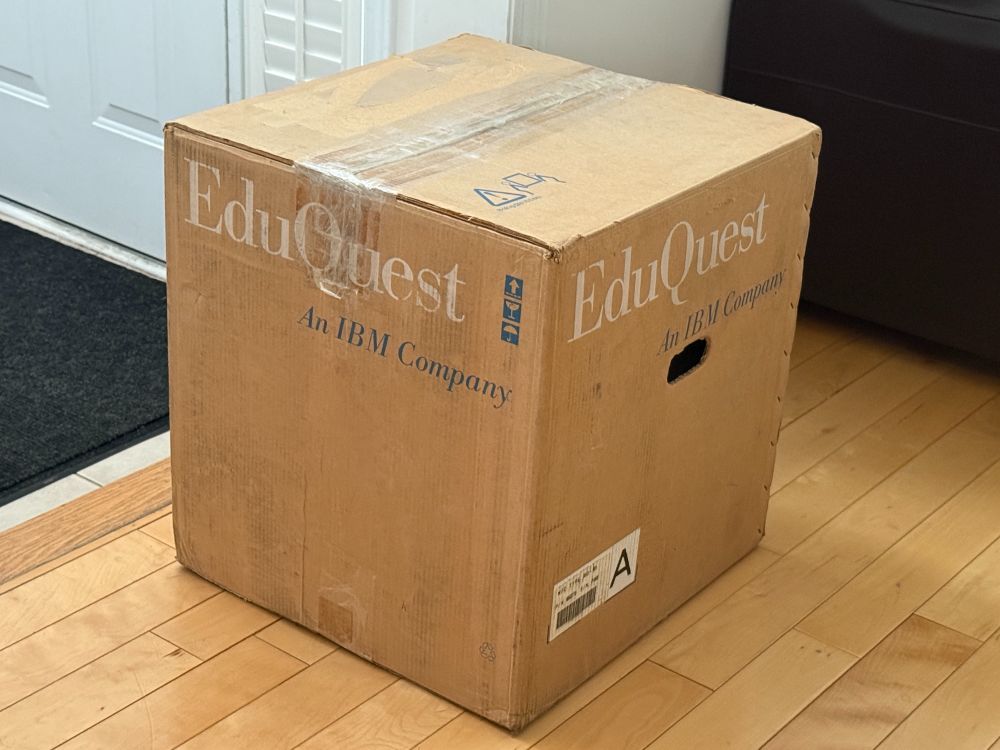 This is a picture of the original box containing an IBM EduQuest 35 computer.