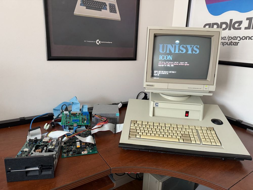 This is a Unisys (previously Burroughs or Cemcorp) Icon computer that was a networked workstation that booted from the network file server known as the Lexicon server.  There are enough similarities that I could hack the workstation to think it's a standalone server so it now runs instead of sitting there, waiting for a server to respond to it's boot request.  #vintagecomputer #retrocomputer #Ontario #Burroughs #Unisys #Icon