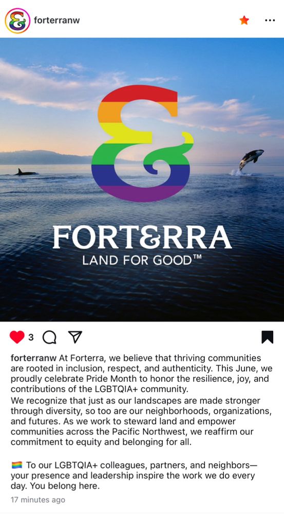 Forterra NW celebrates Pride Month with a rainbow ampersand logo over orca breaching in the Puget Sound