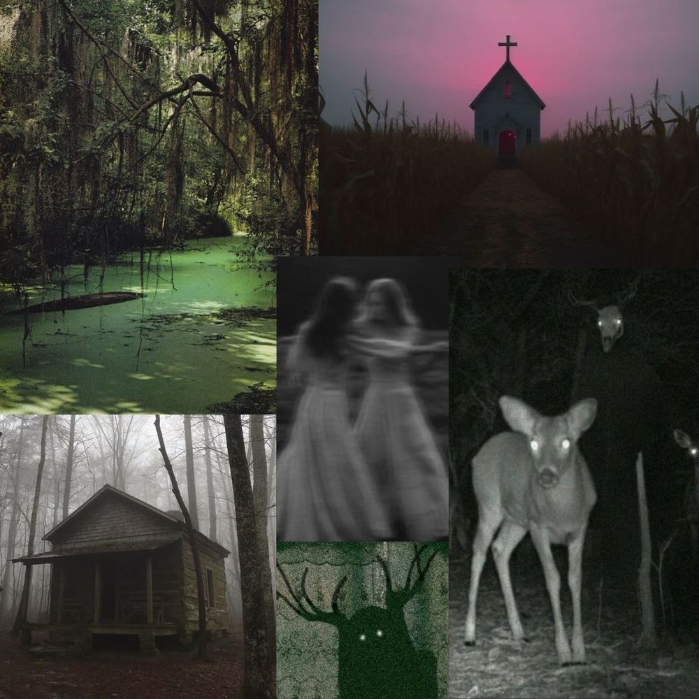 Mood hood featuring eldrich monsters, deer, a bog, girls embracing romantically, and an eerie forest 