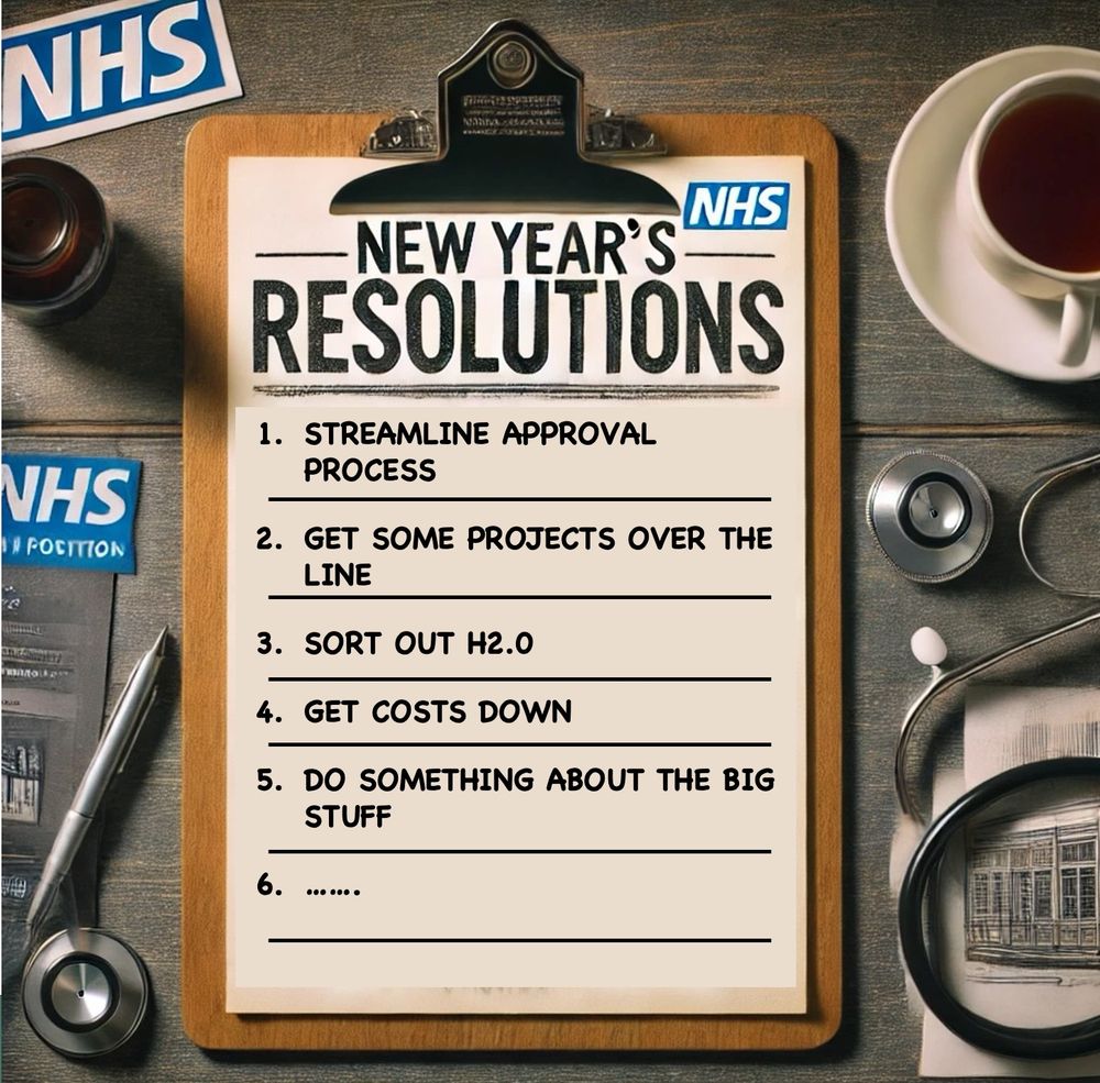 A clipboard that is title new Years Resolutions.  It's NHS branded.  The list is 1 Streamline Approval Process, 2 Get some projects over the line, 3, Sort out H2.0, 4 Get costs down and 5 Do Something about the big stuff.