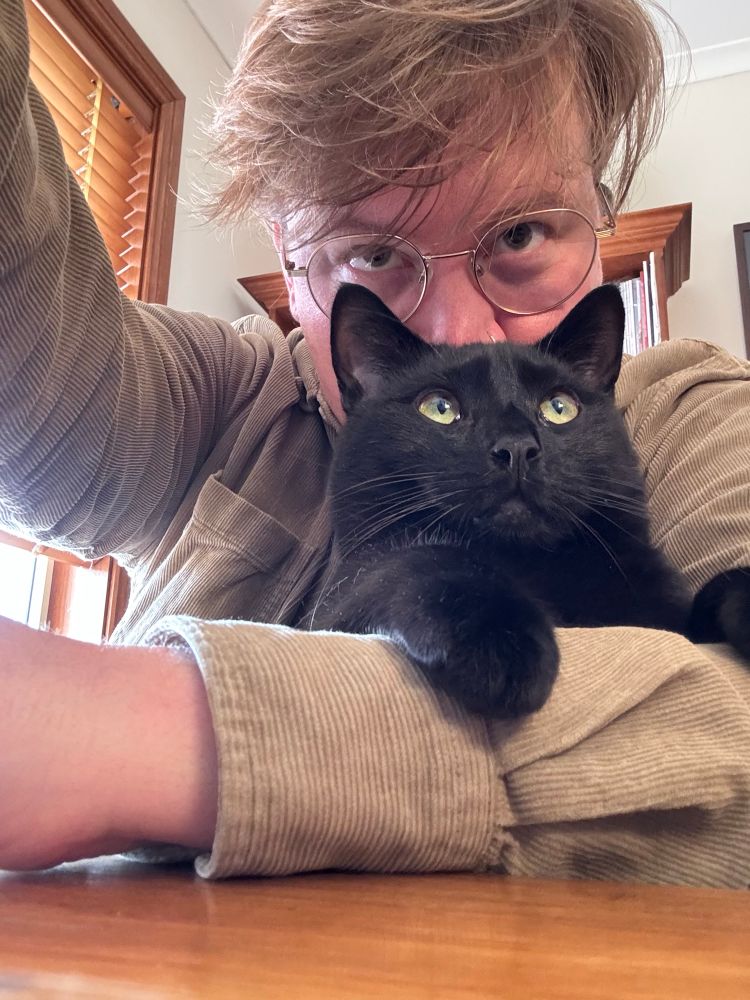 A black cat with green eyes being kissed on the head by his human 