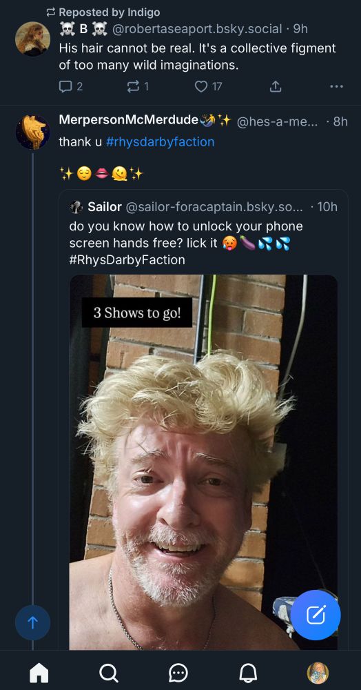 Screenshot of this post and the post below it is a photo of Rhys Darby having his most bonkers hair moment yet. It’s like a blond cloud 