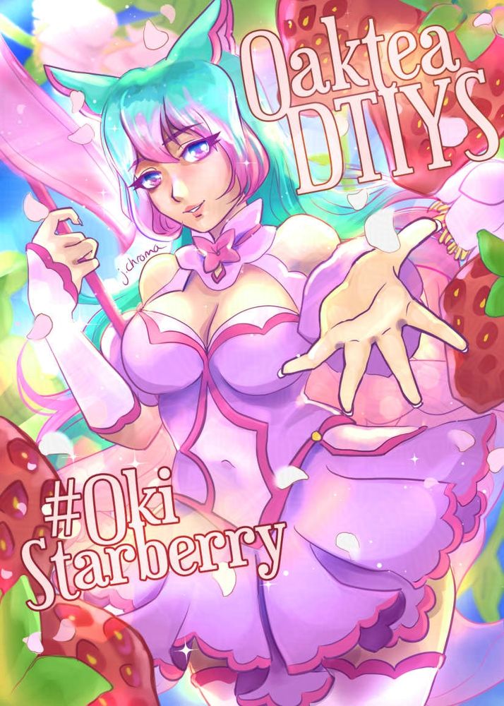 Girl in a flowy purple dress reaching a hand to the viewer. She is surrounded by large strawberries and blossoms. She has cat ears and long mint-green hair with pink tips. Rendered in Clip Studio Paint.