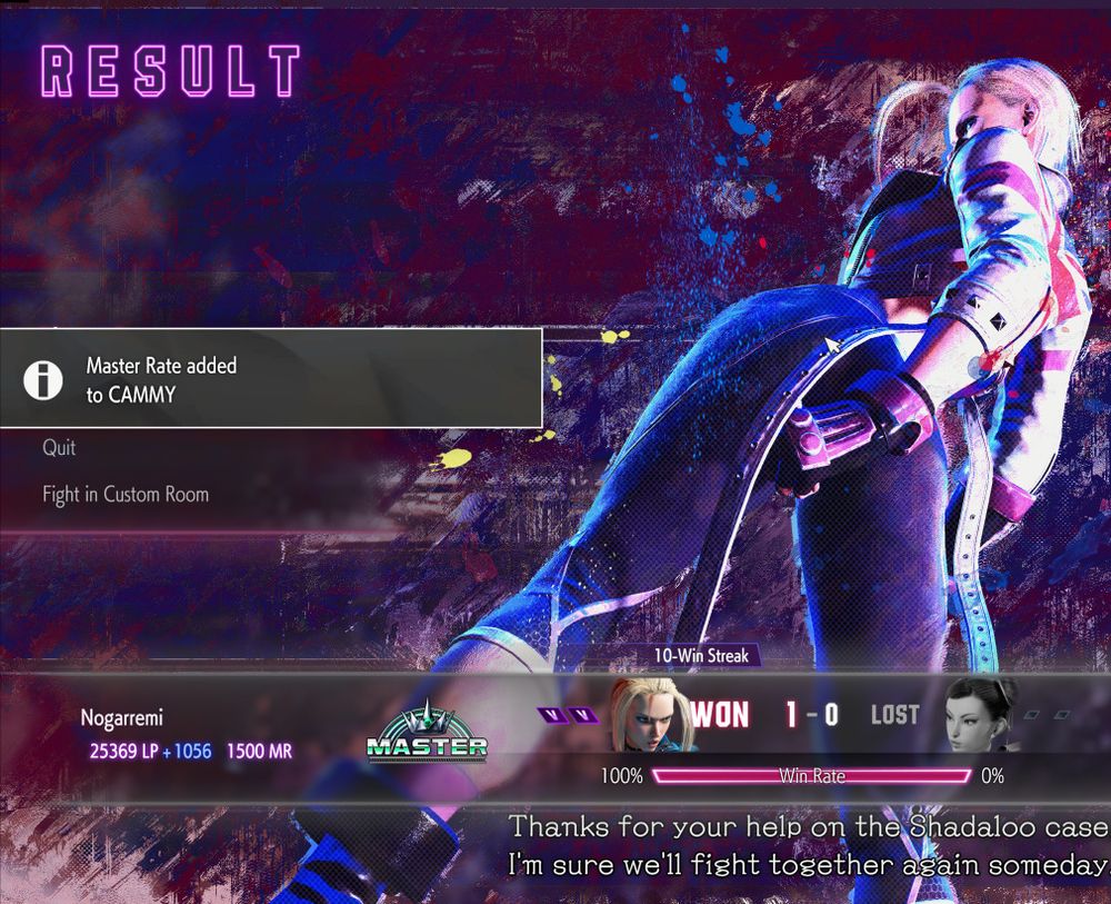 Street Fighter 6 win screen where Nogarremi playing Cammy achieved Master Rank by defeating a Chun player