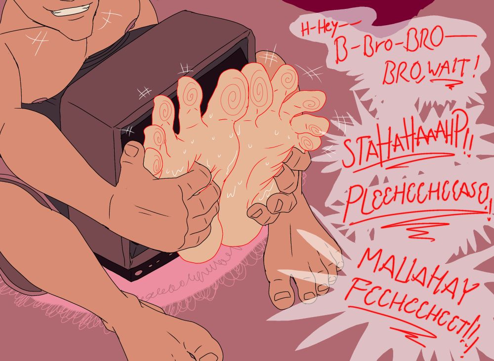To no avail, the second man begins to aggressively tickle the first man's feet, maliciously grinning while doing so! The first man cries out from behind the screen, giggling away and begging and pleading the second to stop! The pleas fall on deaf ears.