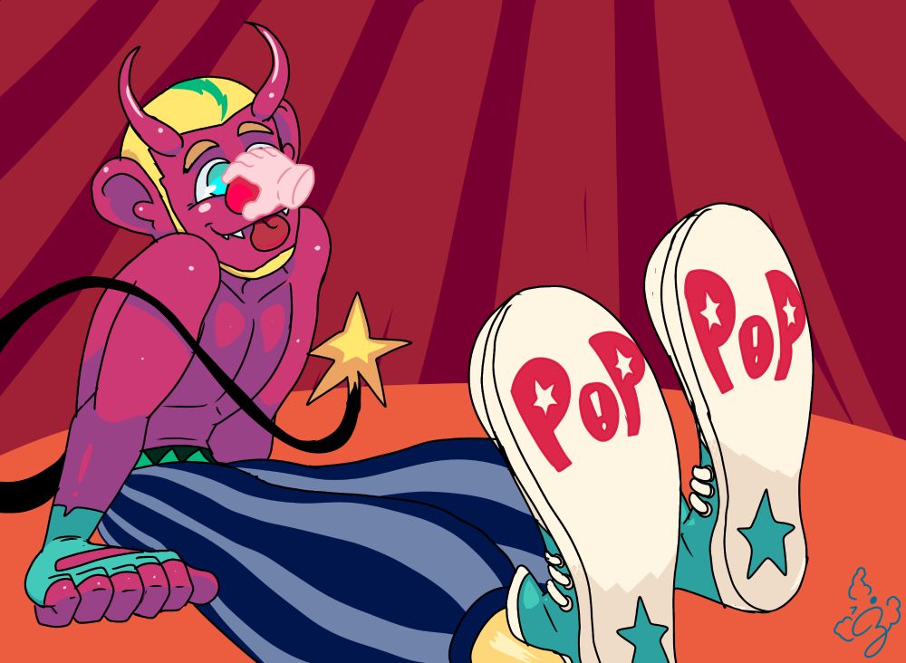 A demonlike clown with fuchsia skin and turquoise eyes sits on the floor of a circus tent. A ghostly hand holds his nose, while his large clown shoes are shown in the foreground, with the word POP written on the soles.