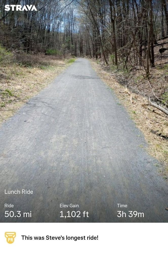 Strava stats with Pic of dry conditions of the Walker Valley Rail Trail. Pic location Kingston NY.