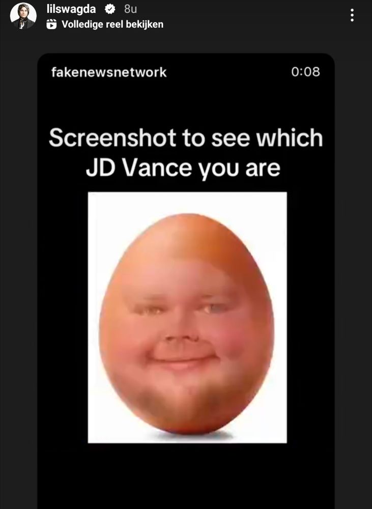 Instagram screenshot: Screenshot to see which JDVance you are, Vance in een ei.