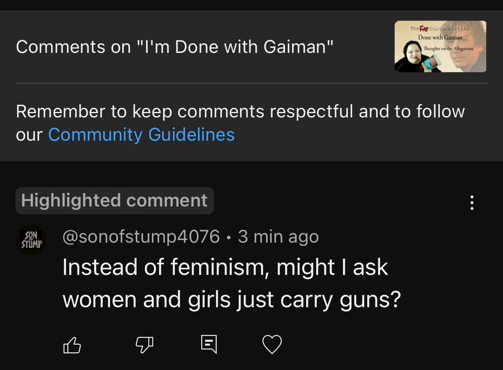Comment reads:
Instead of feminism might I ask women and girls just carry guns?