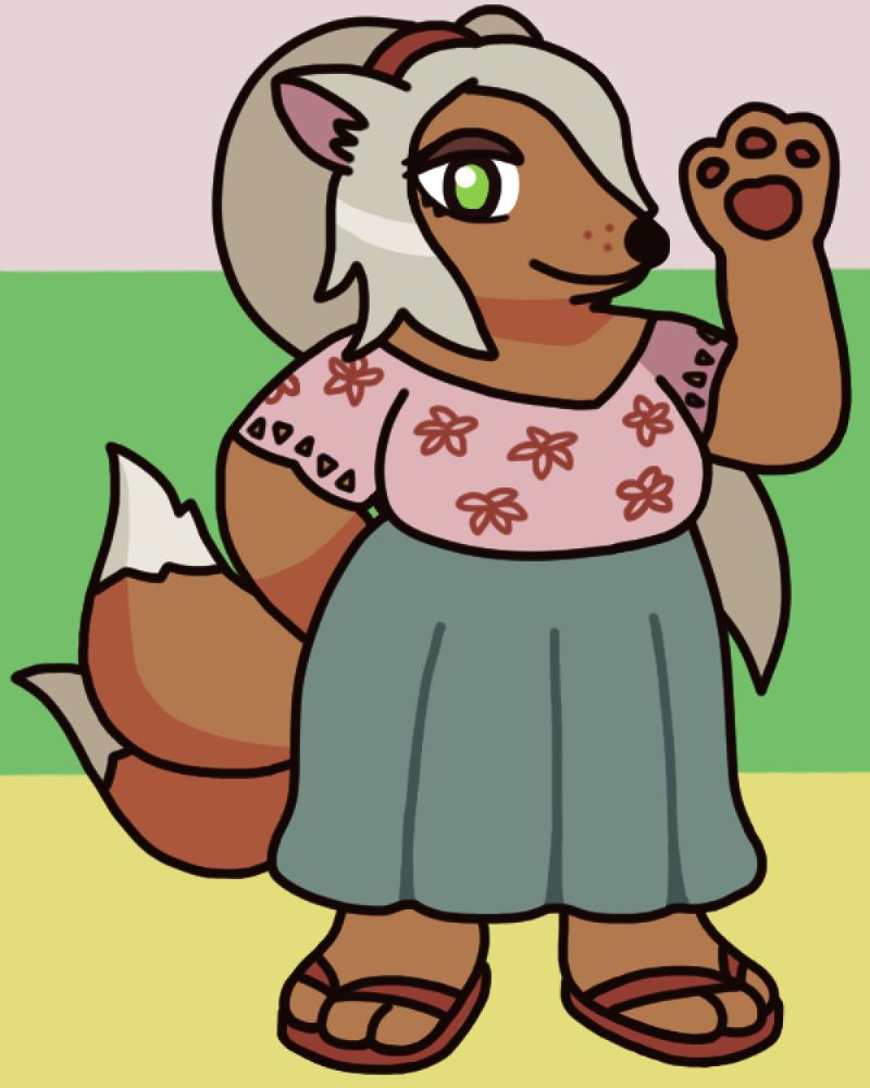 An anthropomorphic fox woman with silvery blonde hair and two tails, raising a paw as if greeting the viewer. She has her hair tied up in a long ponytail swooping behind her, and wears a pink flower-patterned top, long skirt, and sandals.