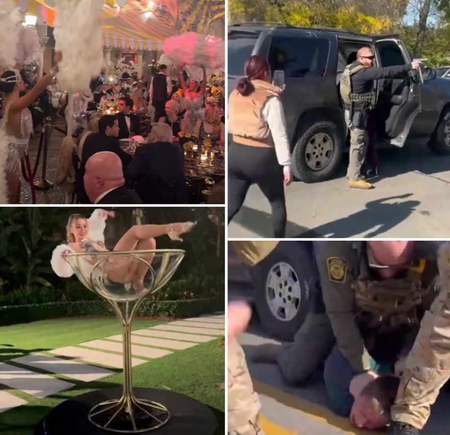 Photos showing Trump's Roaring Twenties party with women in giant champagne glasses and fan dancers.  Federal agent in Chicago area drawing his weapon on people, federal agent beating a Chicago area man on the ground