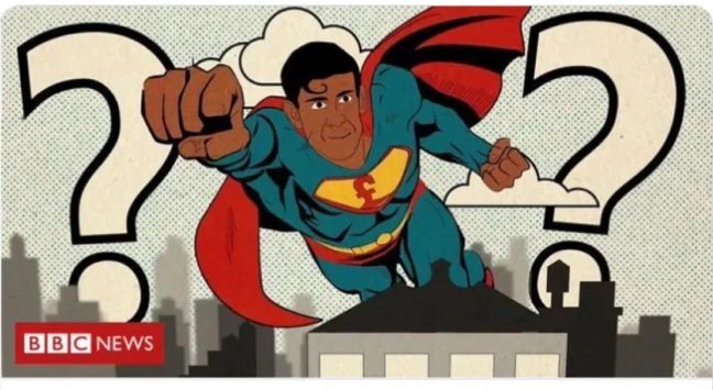 A drawing of Rishi Sunak dressed in a similar way to Superman. The drawing was on the BBC news website when Sunak was Chancellor of the Exchequer. 