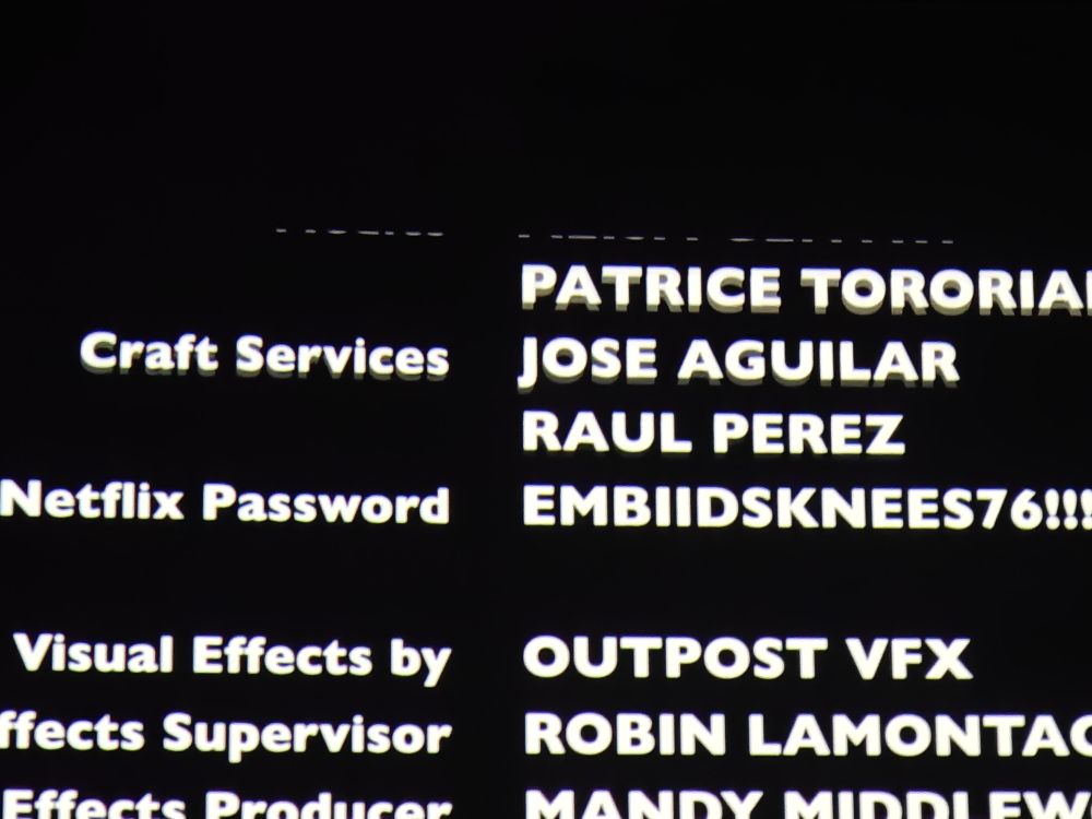 Part of the credits from the new Naked Gun movie. It lists a Netflix password as "EMBIIDSKNEES76!!!"