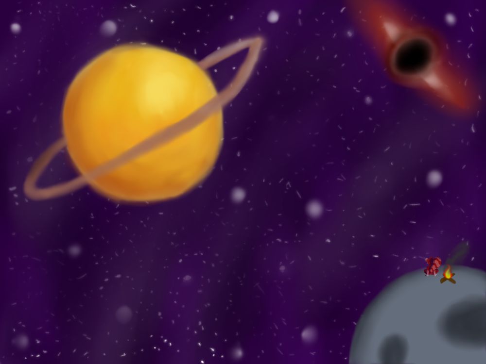 My red panda fursona sits on a moon-like planet, looking out at space. A golden ringed planet and a black hole sit in the horizon.