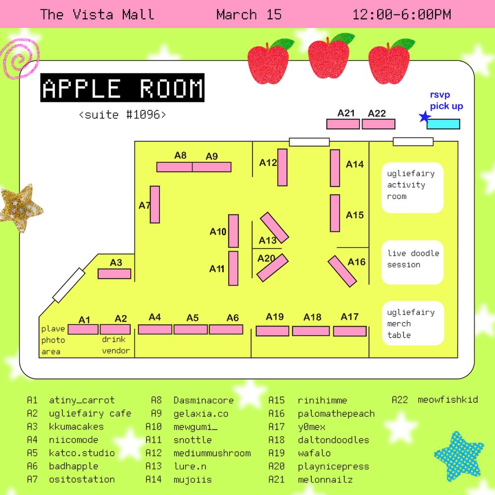 a map layout of the apple room at uglie fairy