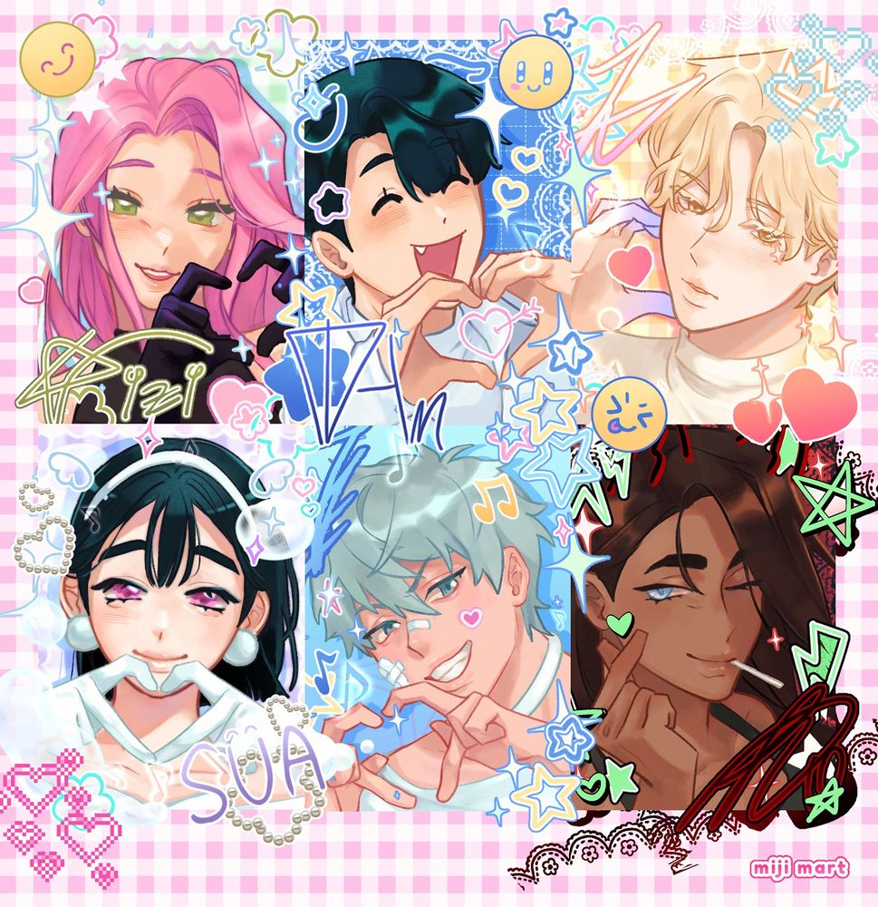A purikura style drawing of the characters from Alien Stage.