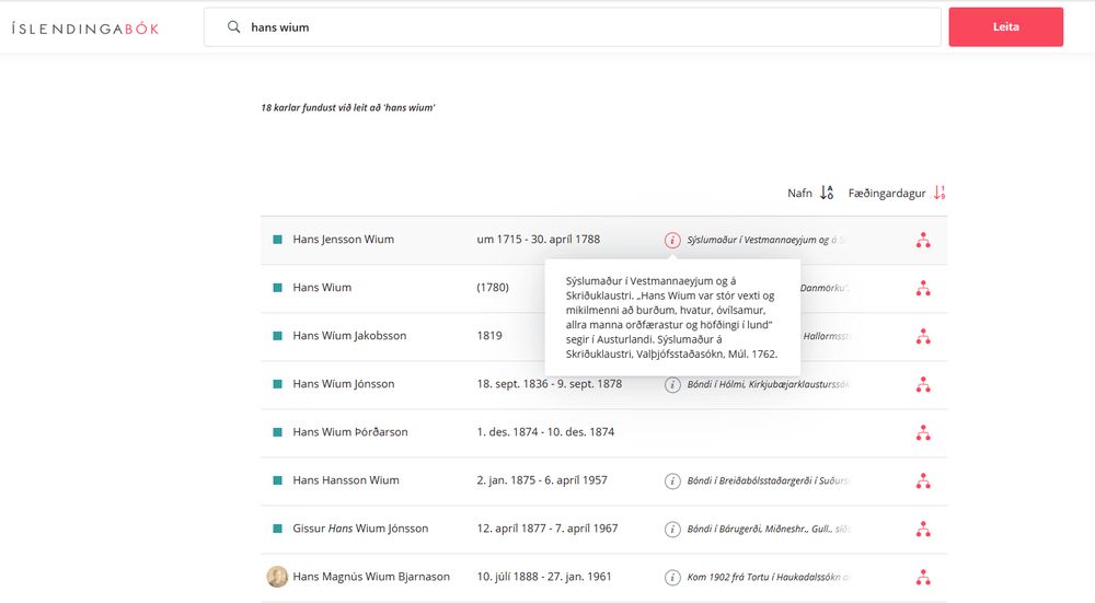 Skjáskot af Íslendingabók. „18 karlar fundust við leit að Hans Wium.“