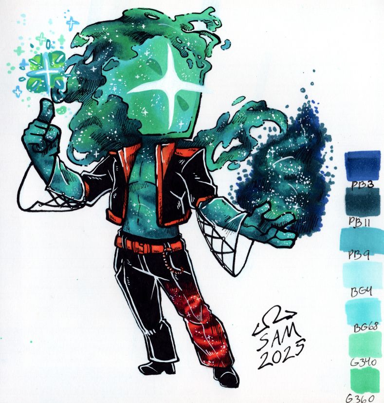 A humanoid with space/nebulous like particles for a body, colored green and blue. A 4 point star indicates where its face would be. Wearing black leather crop top jacket with orange trim. The forearm sleeves are see-through. It wears an orange belt with an orange metal chain. Black leather pants have a red and orange galaxy pattern on its left leg.