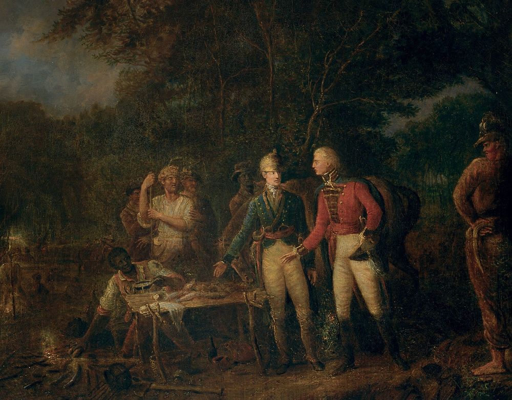 painting showing a British officer meeting Francis Marion in camp. Oscar Marion is stooped, leaning for a bunch of sweet potatoes. 