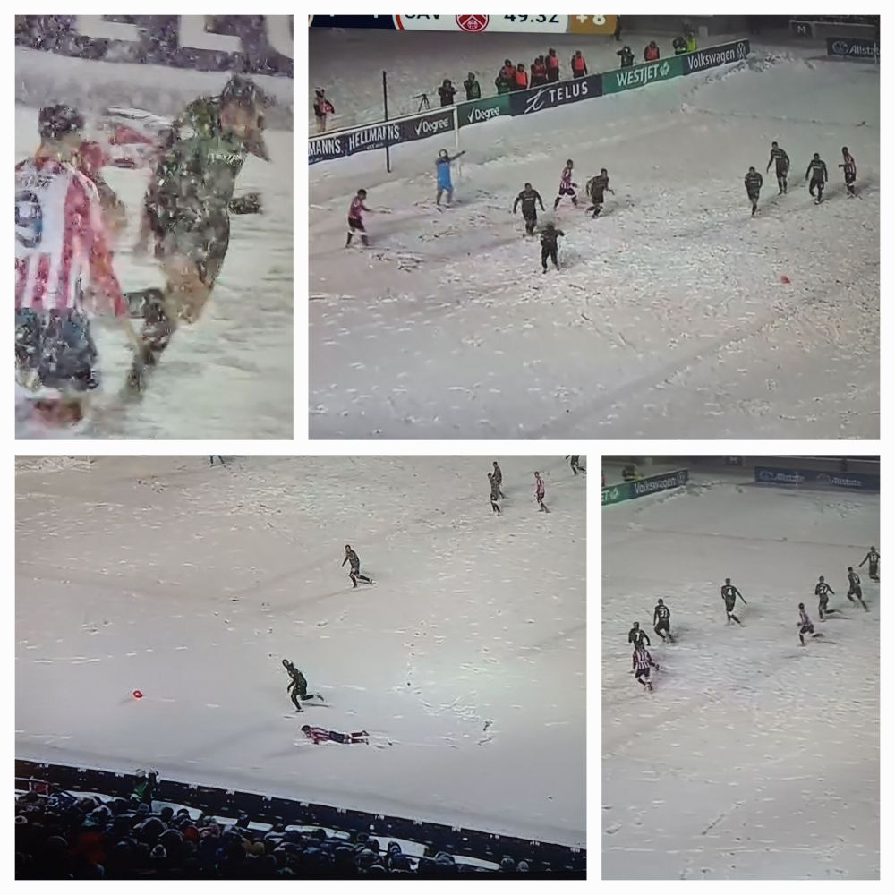 Screen shots of the Calvary v Ottawa match happening in blinding snow conditions.
