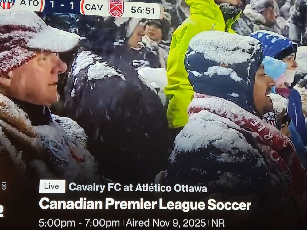 screen shot of Canadian soccer fans completely covered in snow
