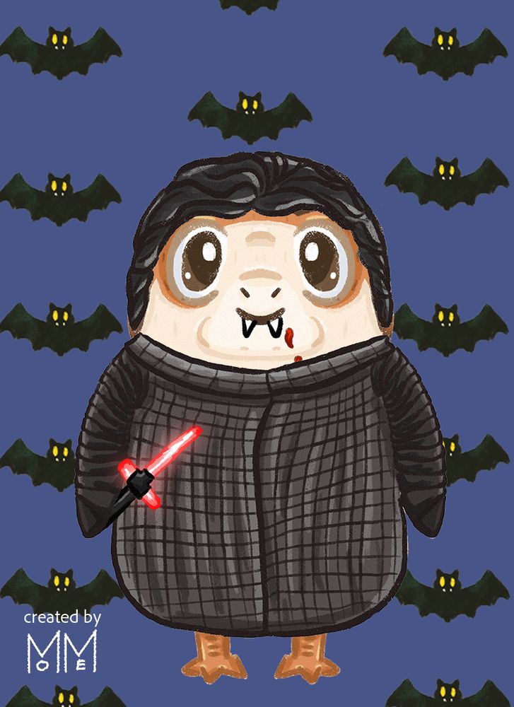 Vampire Porg dressed as Kylo Ren in front of a bat background 