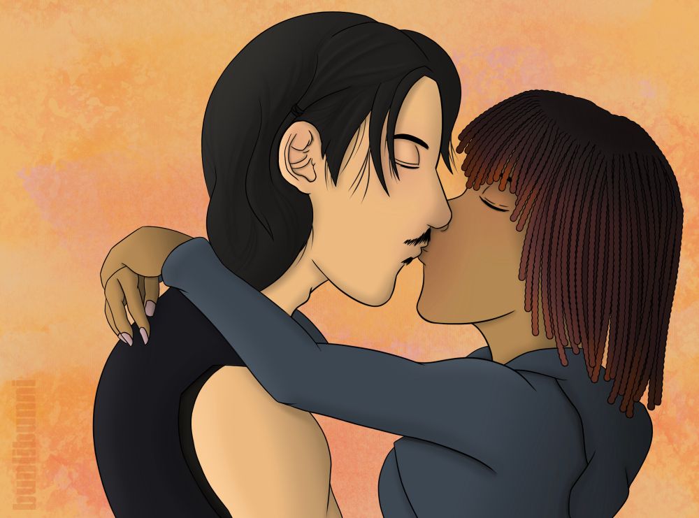 Qimir and Osha (from the Acolyte) sharing a kiss in front of an orange splash type of background 
