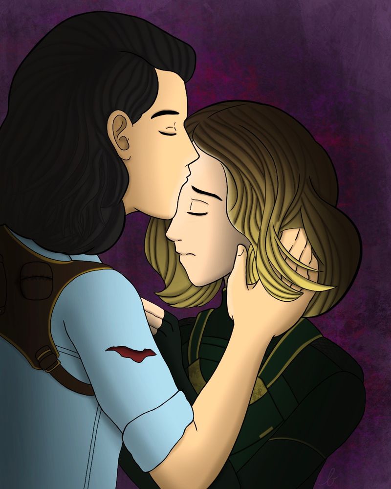 Fan art of Sylki (Loki and Sylki) from the Loki TV series. Loki is giving Sylvie a kiss on the forehead. Behind them is a dark purple background. 