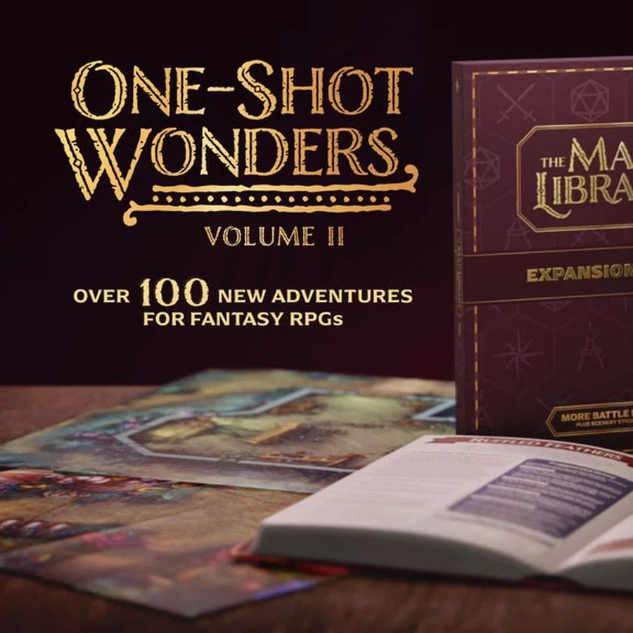 A collection of tabletop RPG materials is displayed, featuring two prominent books: "One-Shot Wonders Volume II" in a bright pink cover with a whimsical illustration of a chicken in a cart, and "The Map Library Expansion Pack" with a dark cover. An open book reveals detailed text and illustrations, while colorful battle maps are partially visible beneath the books. The text "OVER 100 NEW ADVENTURES FOR FANTASY RPGs" is prominently featured above the books.