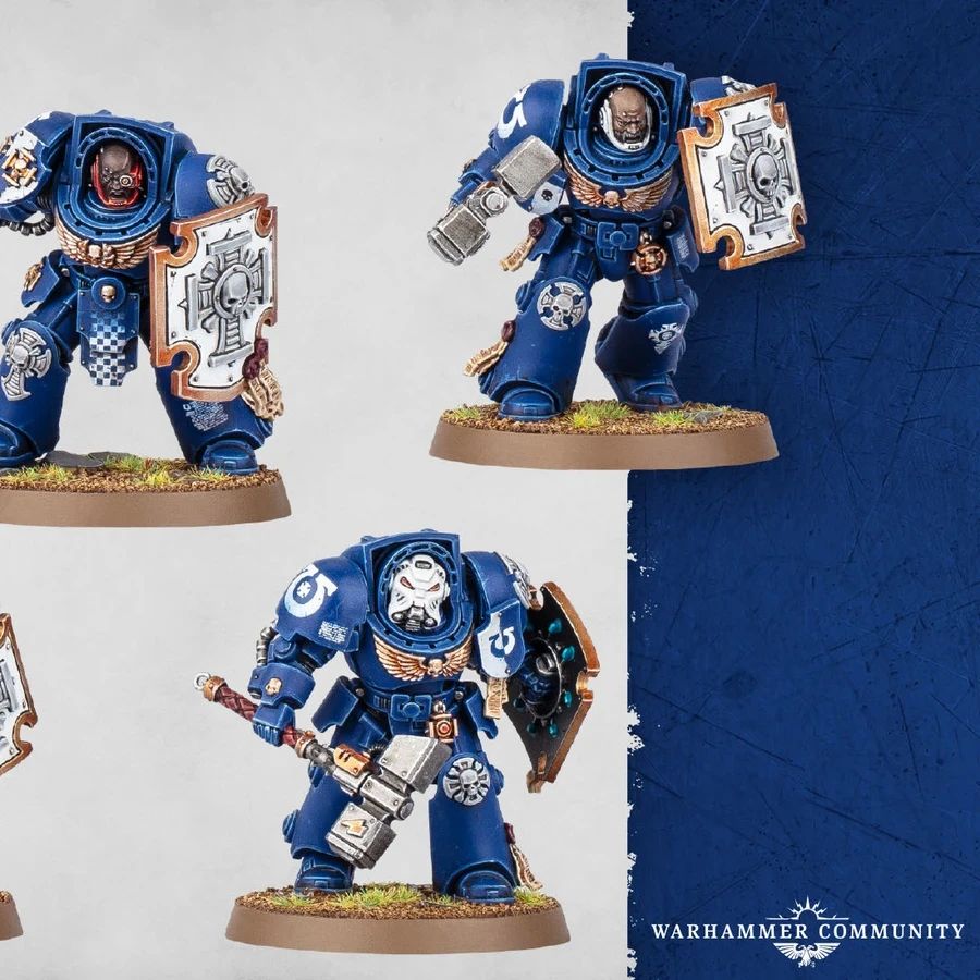 Five Space Marine Assault Terminators are displayed, each wearing iconic blue power armor and equipped with various weapons, including thunder hammers and storm shields. The miniatures feature detailed designs, with some having unique head options and tilting plates adorned with purity seals and badges. The background is a subtle gradient, enhancing the focus on the intricately crafted models.
