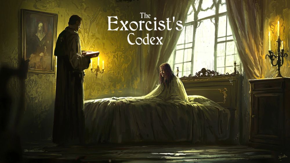 A Victorian room with a silhouetted figure beside a bed, where another person is lying. Light filters through curtains, creating a moody and mysterious atmosphere. Text reads "Exorcist's Codex".