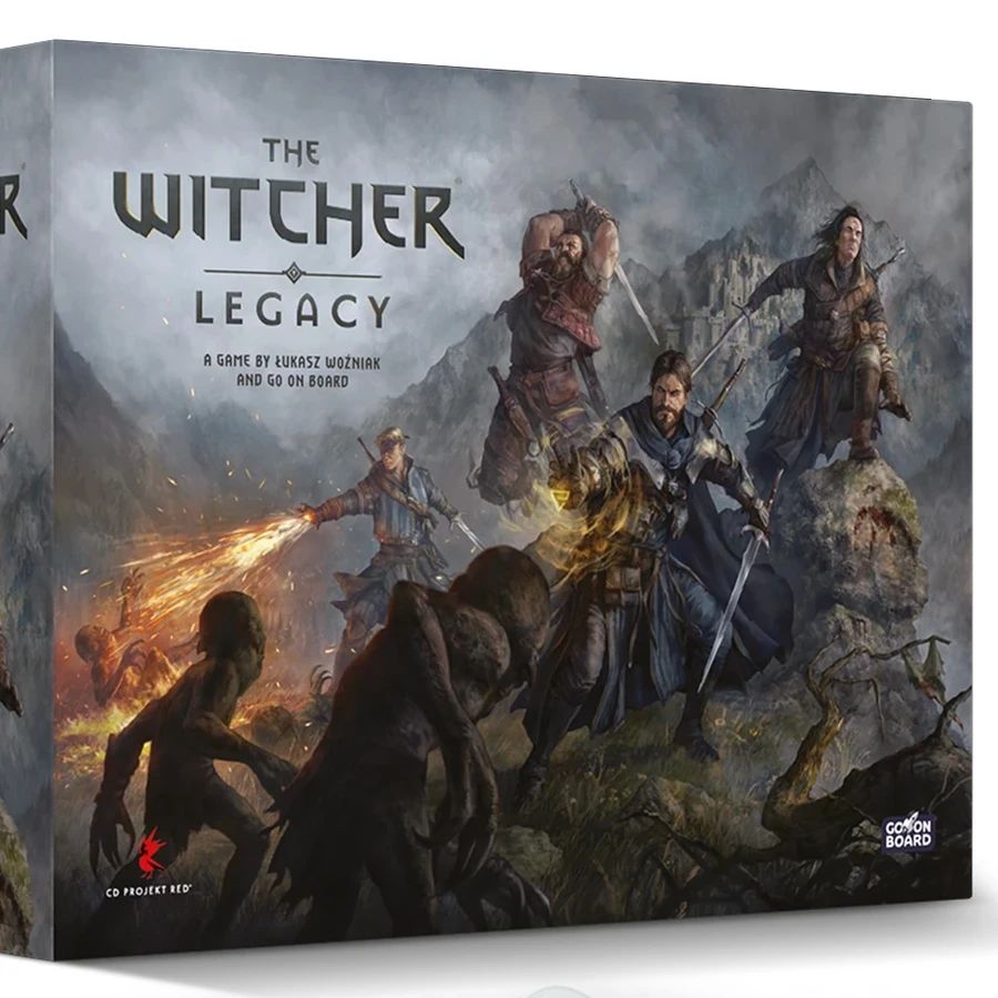 A box cover for "The Witcher: Legacy" features a dramatic scene with several characters engaged in battle against monstrous creatures. The central figure, wielding magic, is flanked by warriors with weapons drawn, set against a backdrop of rugged mountains and a stormy sky. The title "THE WITCHER LEGACY" is prominently displayed at the top, along with the names of the game designer and publisher.