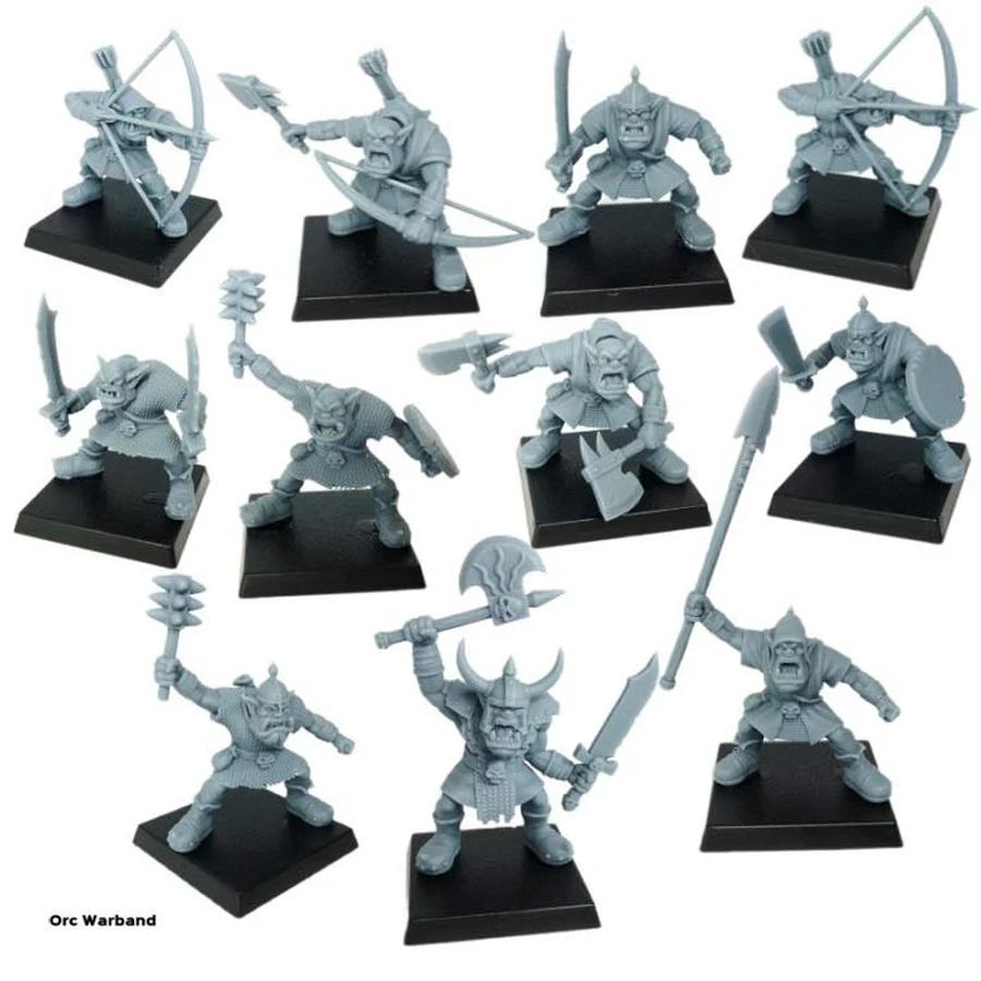 A collection of ten grey plastic orc miniatures is displayed on black bases, showcasing various poses and weapons. The orcs are equipped with a mix of weapons, including bows, swords, axes, and shields, highlighting their battle-ready stance. Each figure features distinct facial expressions and armor details, emphasizing their fierce and aggressive nature.