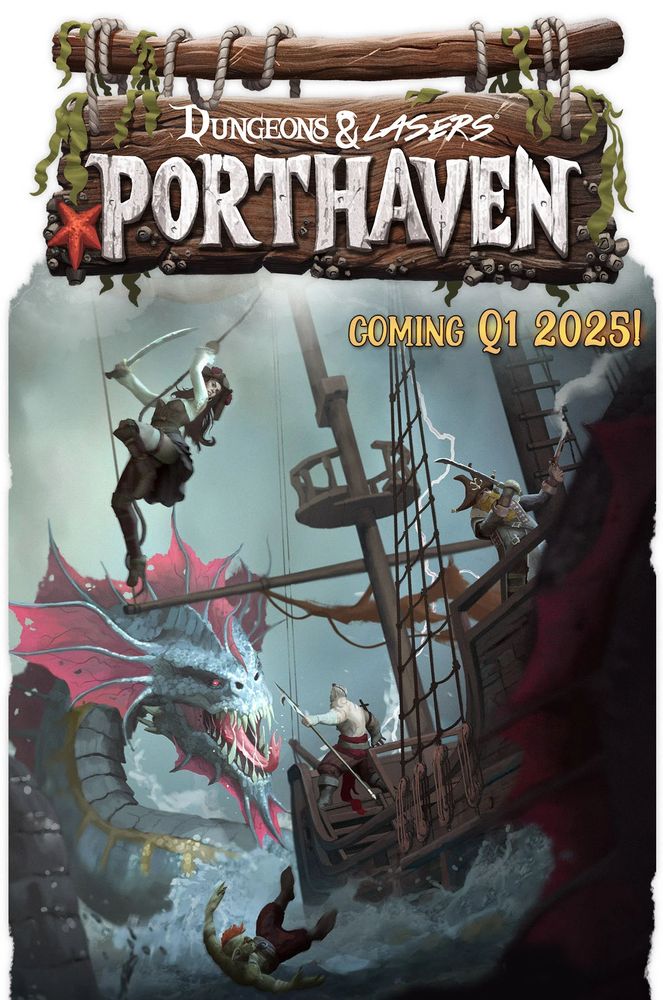 A fantasy-themed game box featuring "Dungeons and Lasers VII: Porthaven" with artwork including a pirate ship and mystical creatures under a stormy sky.