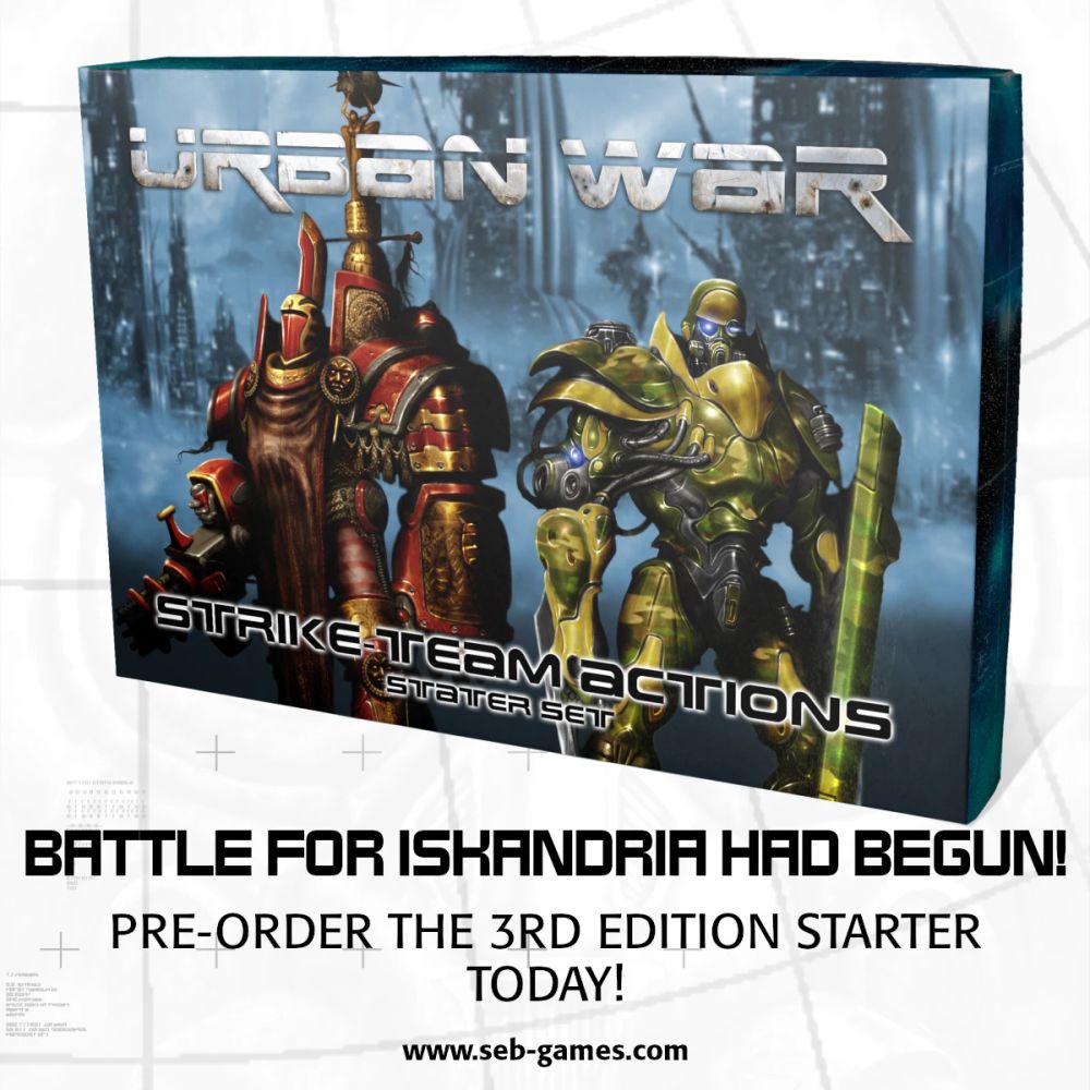 Box cover of "Urban War 3rd Edition" featuring two armored warriors in varying colors, with text promoting pre-orders for the starter set.