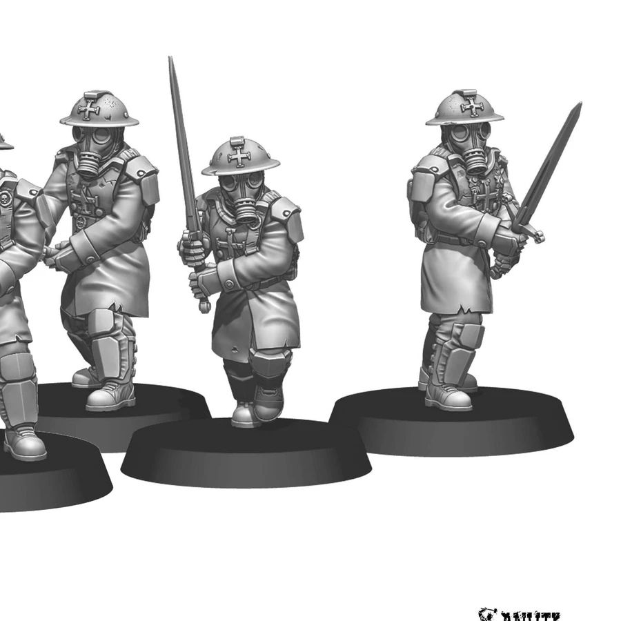 28mm scale miniatures from Anvil Industries' Trench Raiders line are displayed, each featuring distinct poses and gear. The figures are equipped with Brodie helmets and gas masks, showcasing a variety of weapons including a Sten gun and a flamethrower. They stand on circular bases, with details highlighting their military attire and accessories, suitable for various gaming genres.