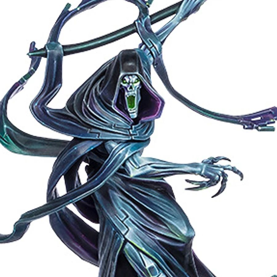 A sleek and dynamic model of the Necron Shard of the Nightbringer, featuring a flowing black and teal cloak that accentuates its ethereal form. The figure wields a large, menacing scythe, with a skeletal face that has a vibrant green mouth, adding to its ominous presence. Surrounding the figure are swirling Scarab swarms, enhancing the character's connection to the Necron lore.