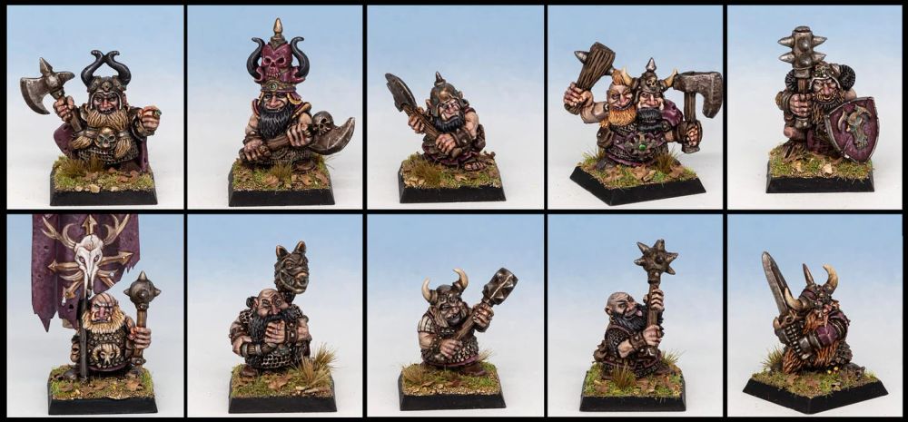 A grid of ten Chaos dwarf miniatures from Knightmare Miniatures. Includes armored figures with weapons, a musician, a standard bearer, and detailed bases, set against a pale background.