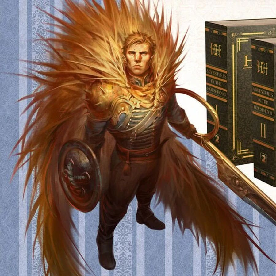 A heroic character stands prominently in the foreground, adorned in ornate armor with a striking feathered cape, holding a large sword and a shield. Behind him, several beautifully designed books are displayed, including titles like "Adventures in the Household" and "Volume II," each featuring distinct colors and elegant lettering. The background features a subtle striped pattern, enhancing the overall whimsical and adventurous theme of the scene.