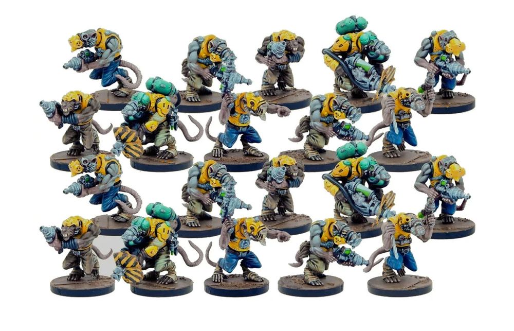 A group of detailed miniatures representing Verr-Myn characters from the tabletop game, arranged in a grid pattern. The figures feature a mix of humanoid rat-like creatures, each equipped with various weapons and wearing armor. The color palette includes shades of gray for the bodies, with bright yellow and green accents on their gear, creating a vibrant contrast. The bases are textured to resemble a rugged terrain, enhancing the overall dynamic appearance of the miniatures.
