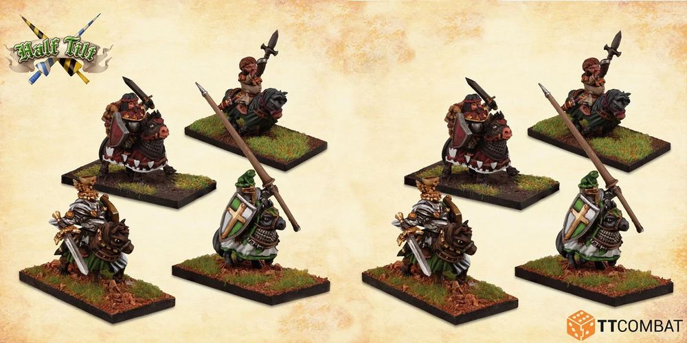 A collection of miniatures from the game Half Tilt features various jousters on their mounts. The set includes a knight in ornate armor with a sword, a jovial character on a pig-like mount, and another knight wielding a spear, all set on textured bases with grass detailing. The miniatures are painted in vibrant colors, showcasing their unique designs and personalities, with a light, sandy background enhancing the scene.