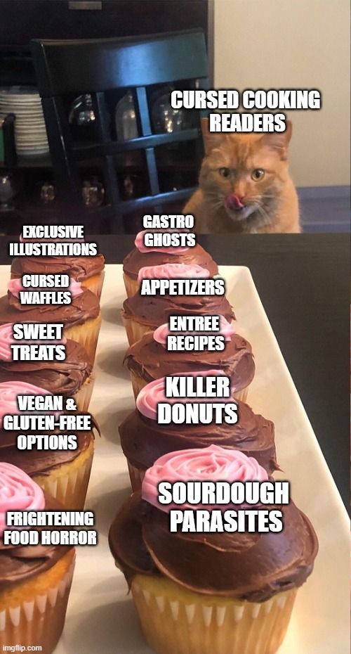 A cat labeled as "Cursed Cooking Readers" licks its chops as it stares down a tray of cupcakes labeled with all sorts of food horror and recipes.