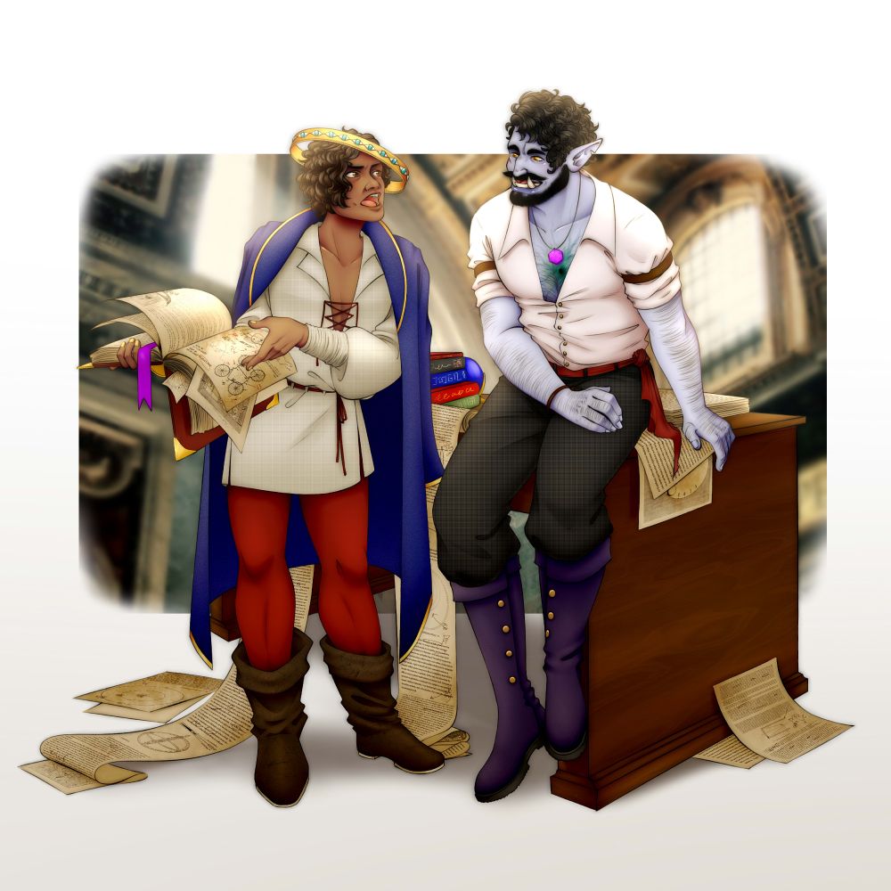 two people; a frustrated woman with a coat slung over her shoulders is gesturing incredulously at a book as if asking "what the hell is this?" while the man sits casually on a large desk, smiling good-naturedly as if hearing her out. there are papers and scrolls scattered around them.