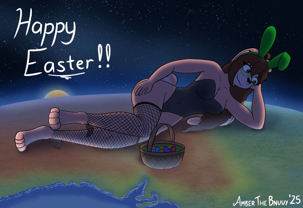 Ambnuuy in a bunny outfit, including a skimpy top, fishnet leggings and fake buny ears, absolutely massive, laying across Australia, and staring down with a smug yet happy expression. A basket of easter eggs is nearby her, all in different colours.

Text in the top left reads 'Happy Easter!!'