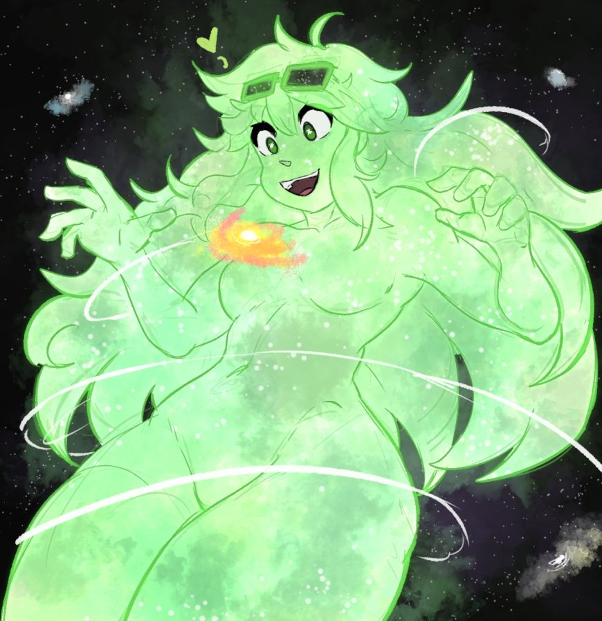 Cosmic Human Amber, much larger than the galaxies around her, looking down at an orange galaxy with a bright smile on her face, with a heart emote near her

There's a very euphoric energy present throughout the whole piece
