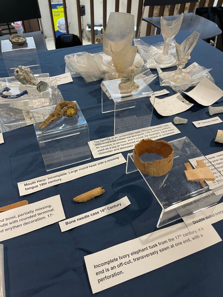 Close up of other archaeological artefacts, including a mouth harp, a needle case, a comb, and glassware.