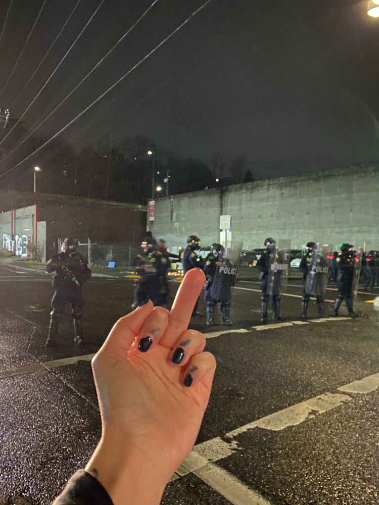 riot cops and a middle finger 