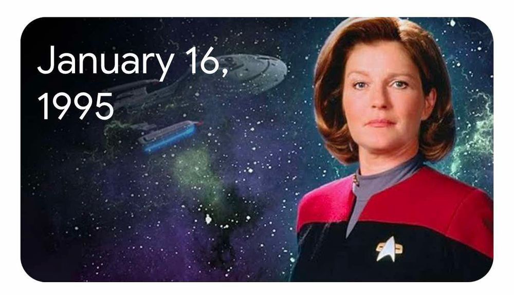 Captain Janeway on a star field background 