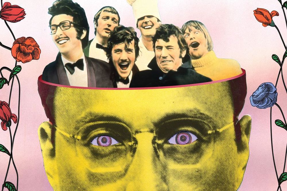 A photocollage of the members of Monty Python in a man's head.  Left to right, they are Eric Idle, Graham Chapman, Michael Palin, John Cleese, Michael Palin, and Terry Gilliam.  Idle, Chapman, and Palin are in tuxedos.  Cleese has a chef's hat, Palin is wearing a heavy black coat, and Gilliam is in a heavy orange sweater.  The head they're in is yellow with purple eyes and wire-rimmed glasses.  